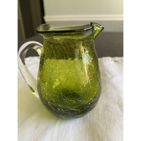 Vintage Green Crackled Glass Pitcher Creamer Applied Handle - Picture 1 of 9